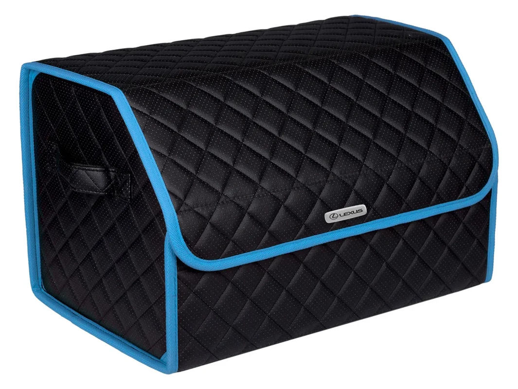 Сумка органайзер в багажник черная с черной нитью ViceCar с лого LEXUS (светло-синий кант)