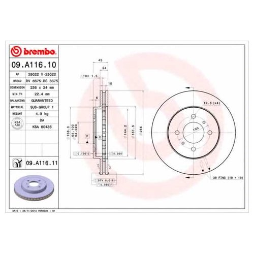 

Тормозной диск передний Brembo 09a11611 для Mitsubishi Colt IV, Lancer IV,V,VII