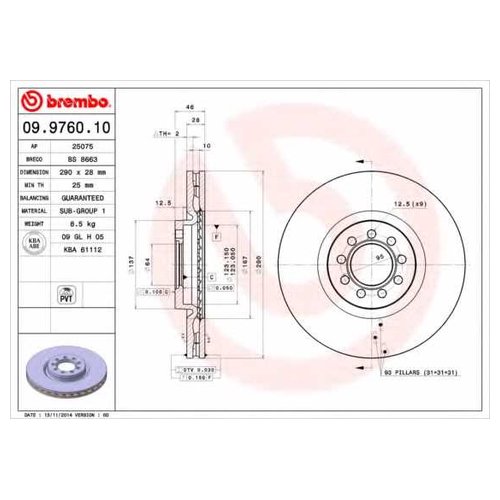 

Тормозной диск передний Brembo 09976010
