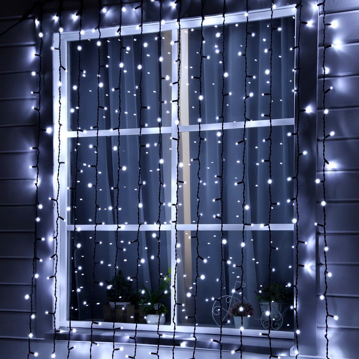 

Гирлянда «Занавес» 2  9 м, IP65, УМС, тёмная нить каучук, 1800 LED, свечение белое, 220 В