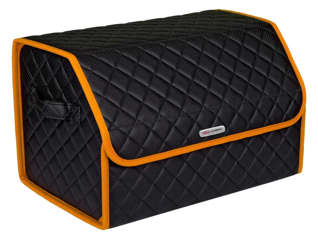 Сумка органайзер в багажник черная с черной нитью ViceCar с лого CHERY (оранжевый кант)