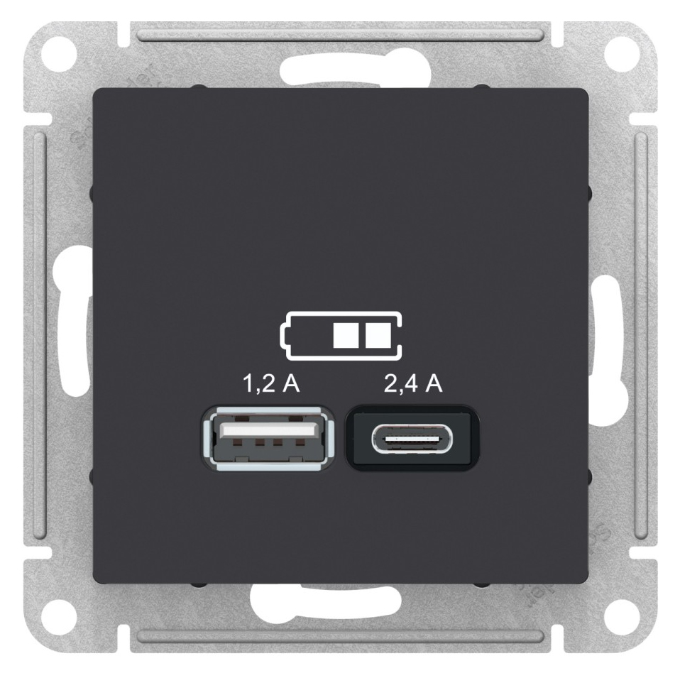 фото Механизм розетки usb atlasdesign a+с 5в/2.4а 2х5в/1.2а карбон sche atn001039 rexant