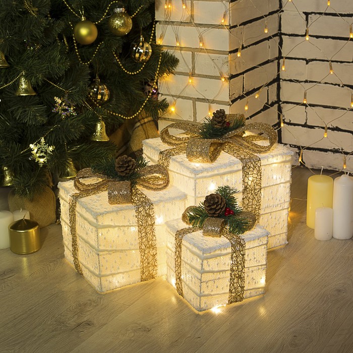 

Световая фигура Luazon Lighting Подарки с бежевой лентой 4357001 белый теплый, Подарки с бежевой лентой