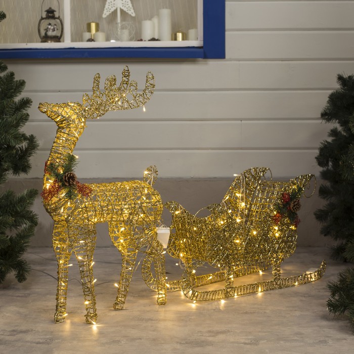 

Световая фигура Luazon Lighting Олень с санями золотистый 4356998 белый теплый, Олень с санями золотистый
