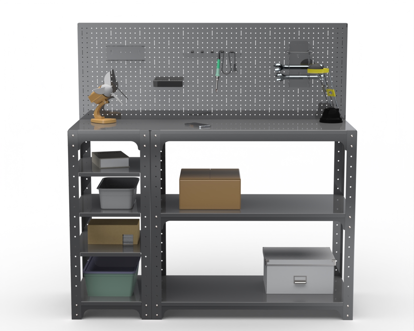 

Стол-верстак Metalex серия KIT 950х1300х400 с бок. полками, перфопанелью, серый