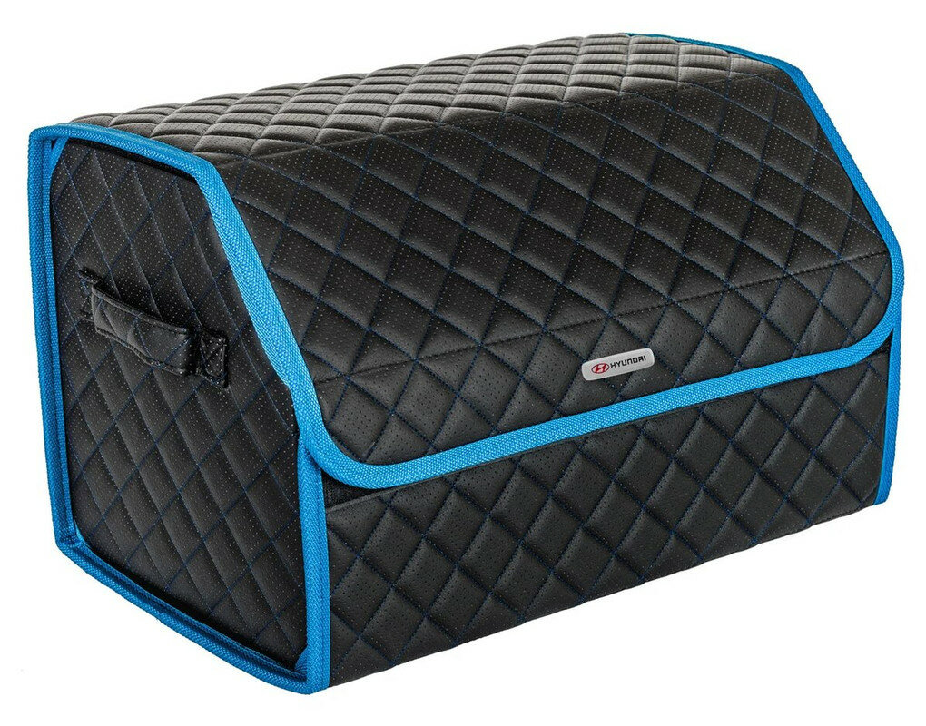 Органайзер в багажник черная с синей нитью ViceCar с лого HYUNDAI (светло-синий кант)