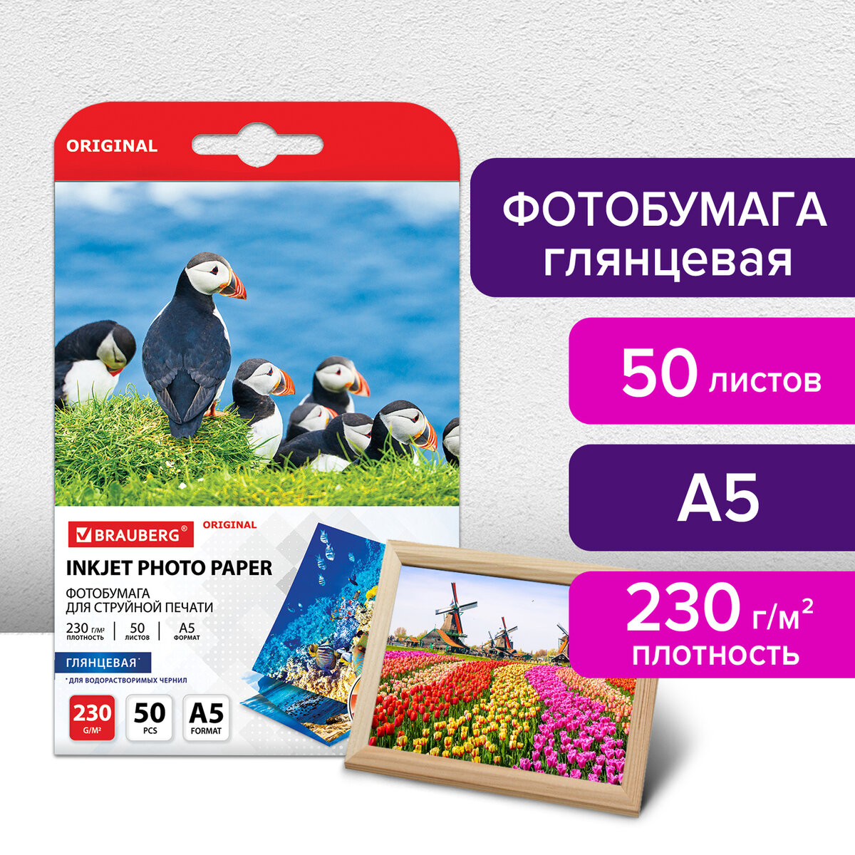 

Фотобумага глянцевая Brauberg ORIGINAL, 363977, А5, 230 г/м2, односторонняя, 50 листов, Белый