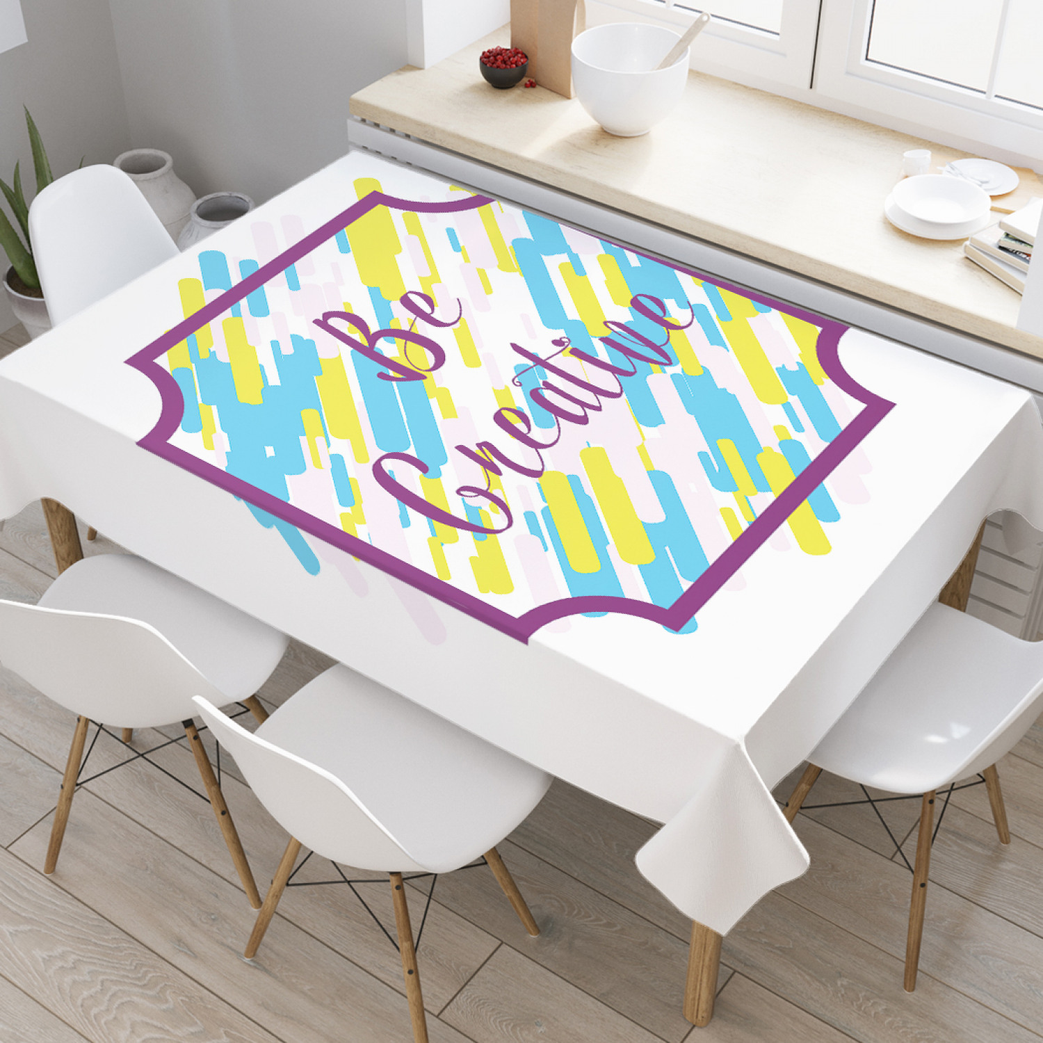 

Скатерть прямоугольная на кухонный стол JoyArty "Будь творческим" из оксфорда, 180x145 см, Белый, Будь творческим