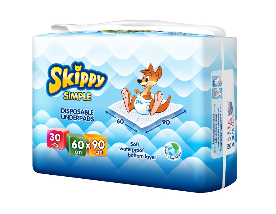 фото Пеленки детские гигиенические впитывающие skippy simple, р-р 60x90, 30 шт, 8034