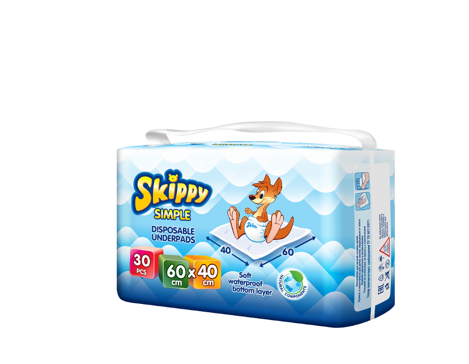 фото Пеленки детские гигиенические впитывающие skippy simple, р-р 60x40, 30 шт, 8032