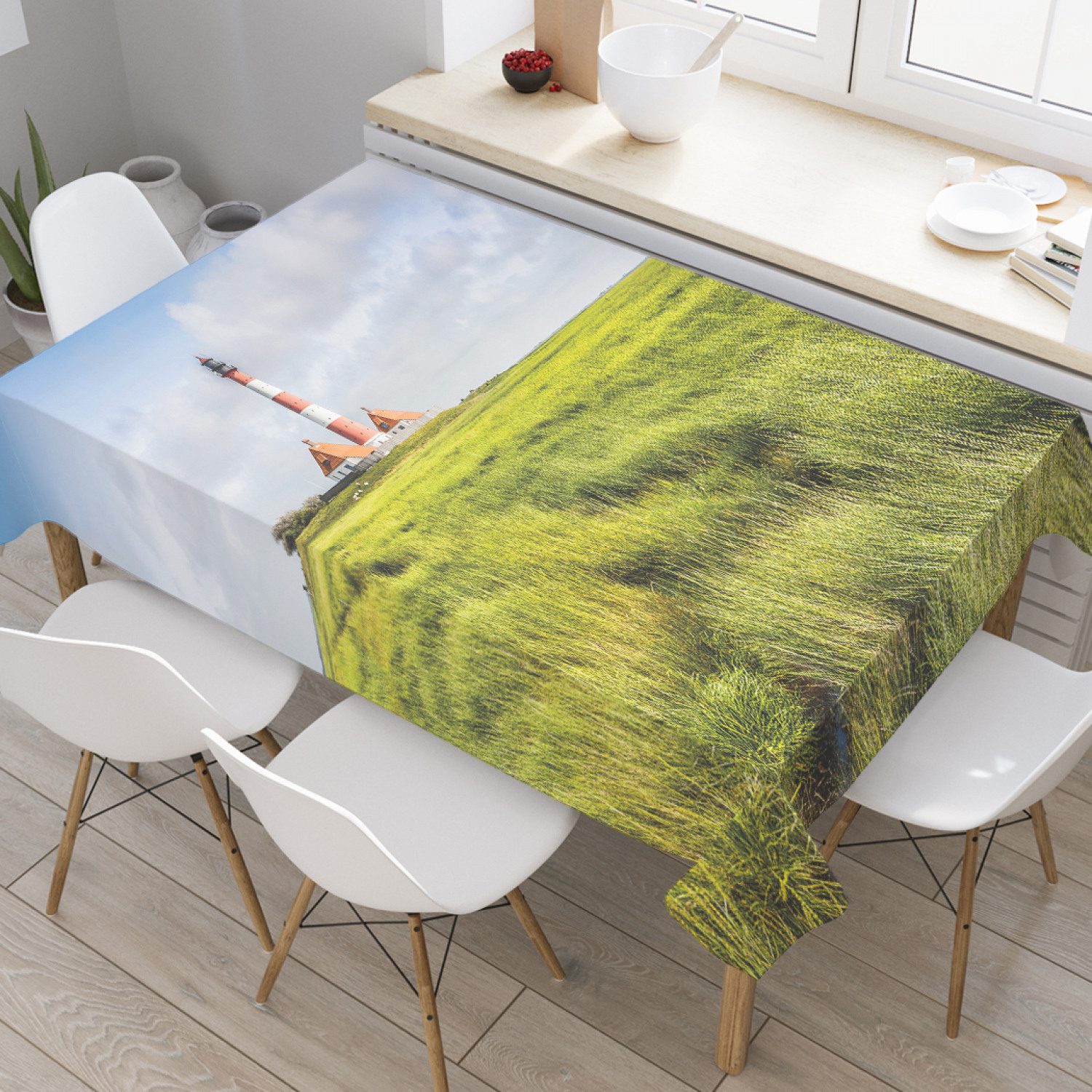 

Скатерть прямоугольная на кухонный стол JoyArty "Маяк вдали" из оксфорда, 180x145 см, Голубой, Маяк вдали