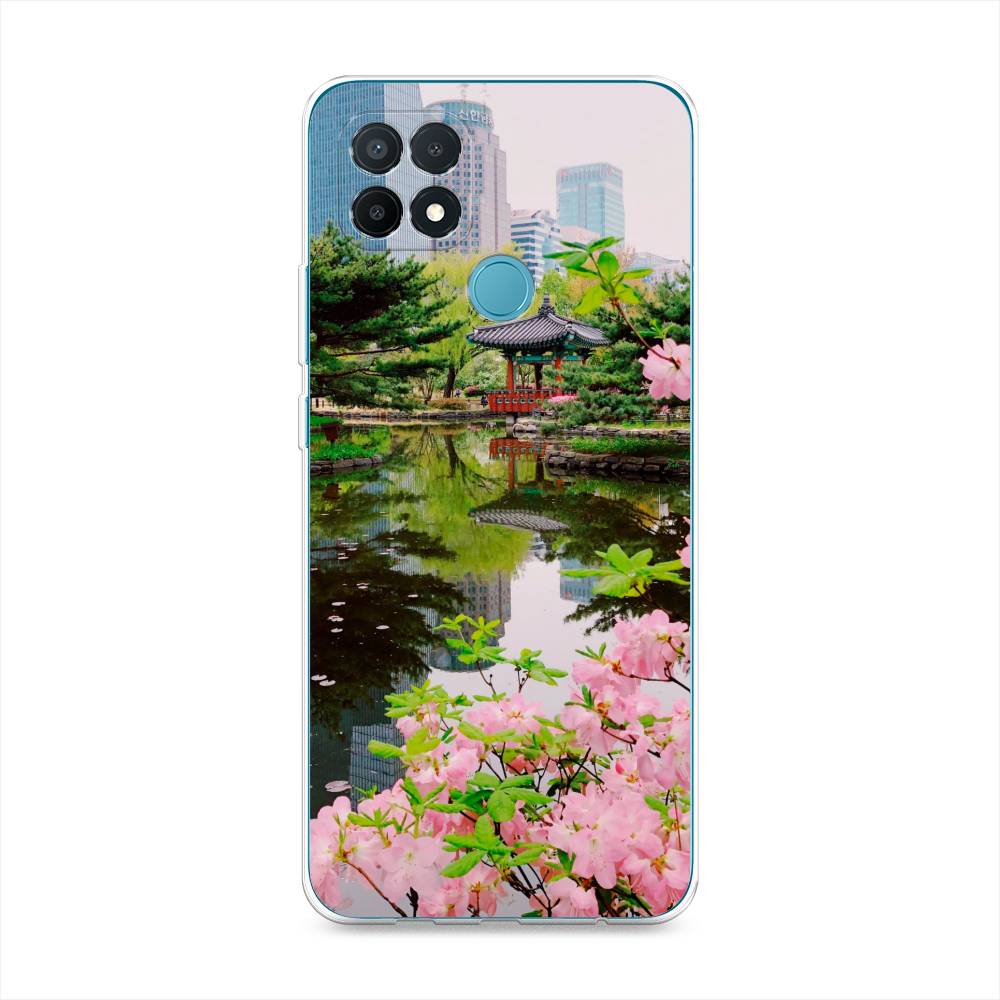 

Чехол на Oppo A15 "Сакура возле озера", Зеленый;розовый;голубой, 255650-2