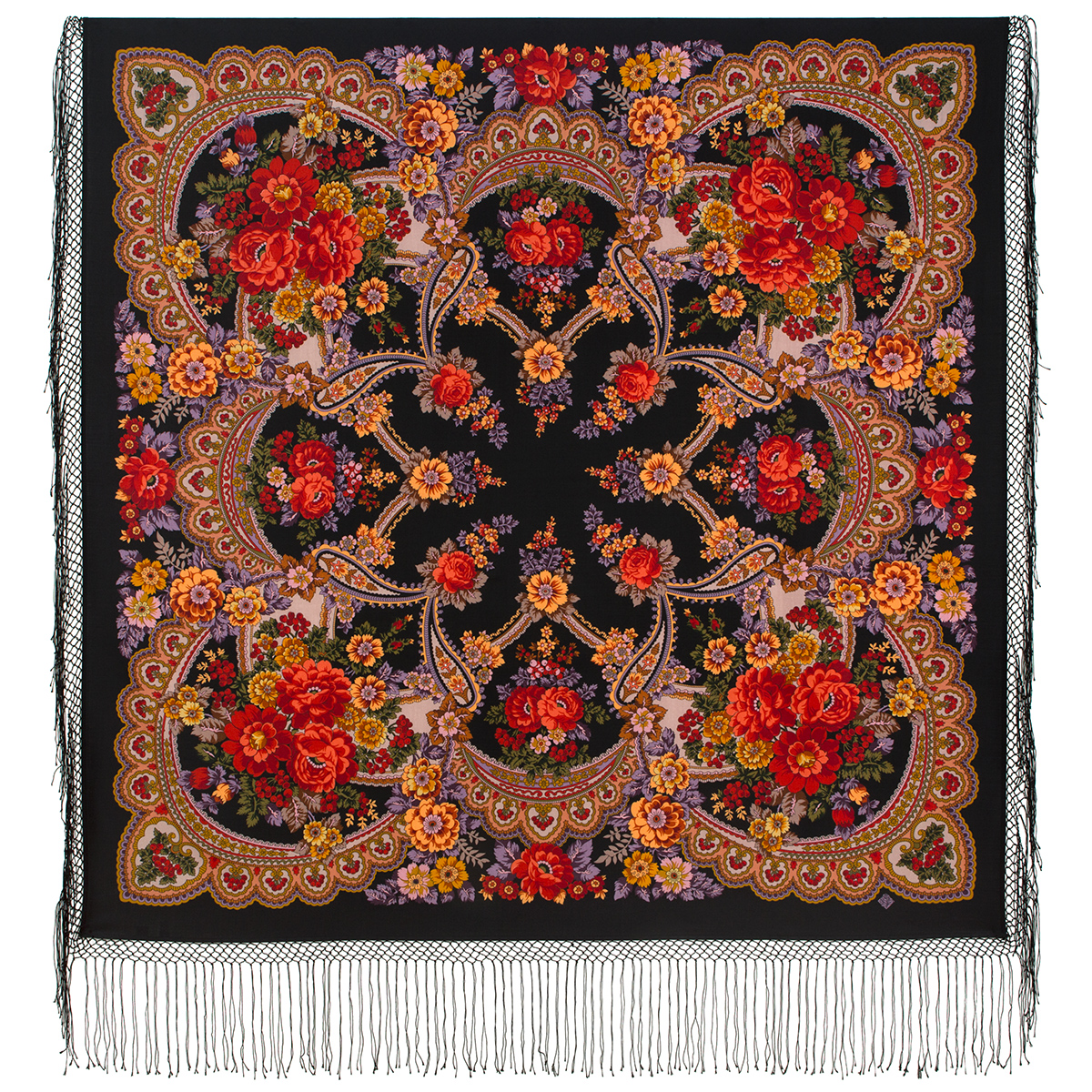 Платок женский Павловопосадский платок 708 черный/красный, 148х148 см