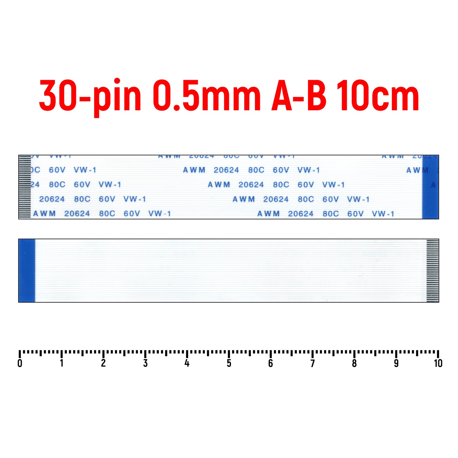 

Шлейф FFC 30-pin Шаг 0.5mm Длина 10cm Обратный A-B AWM 20624 80C 60V VW-1