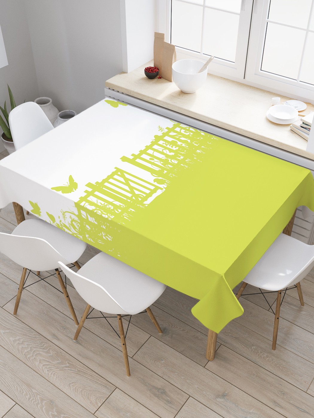 

Скатерть прямоугольная JoyArty "Бабочки над забором" из оксфорда, 120x145 см, Зеленый, Бабочки над забором