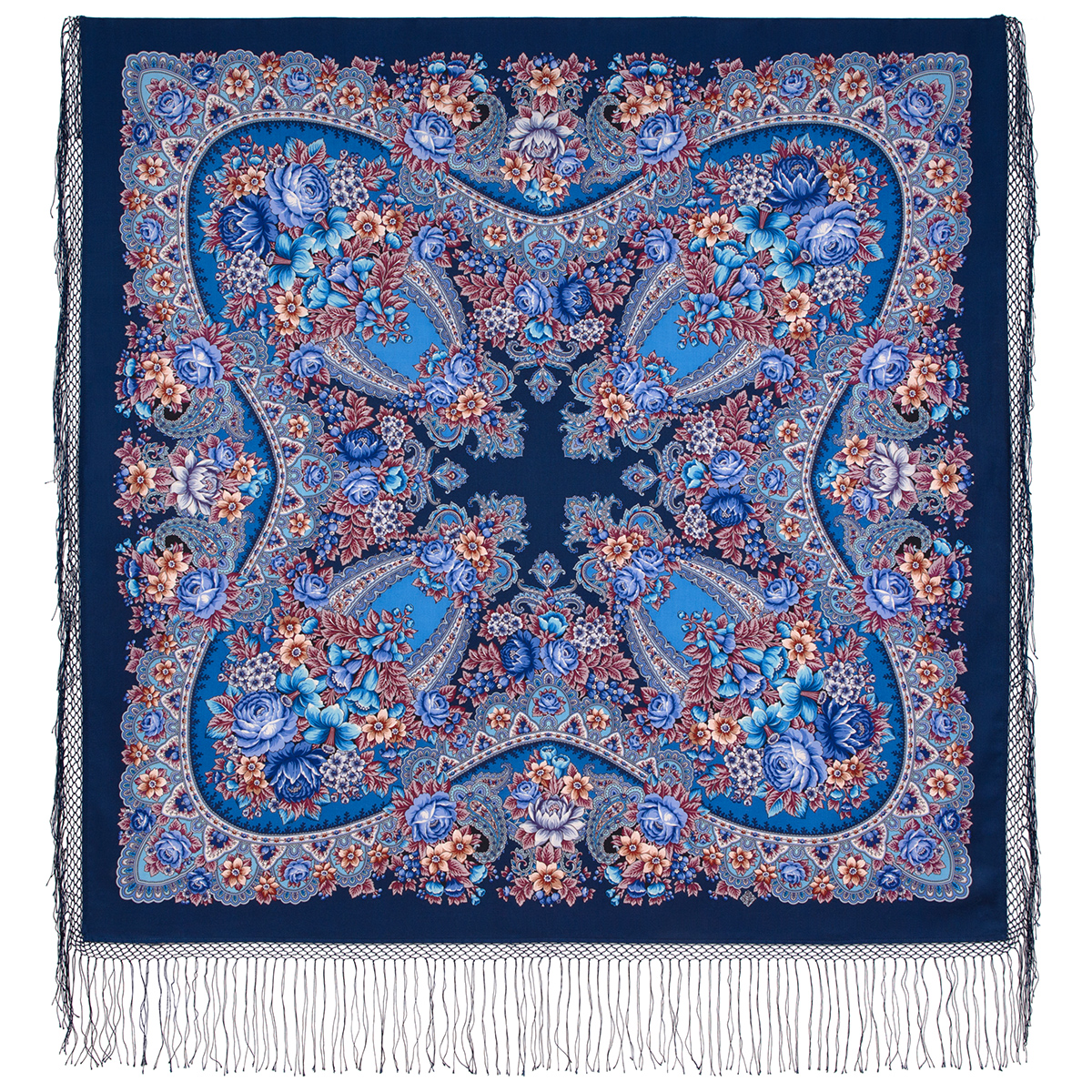 Платок женский Павловопосадский платок 371 темно-синий, 148х148 см