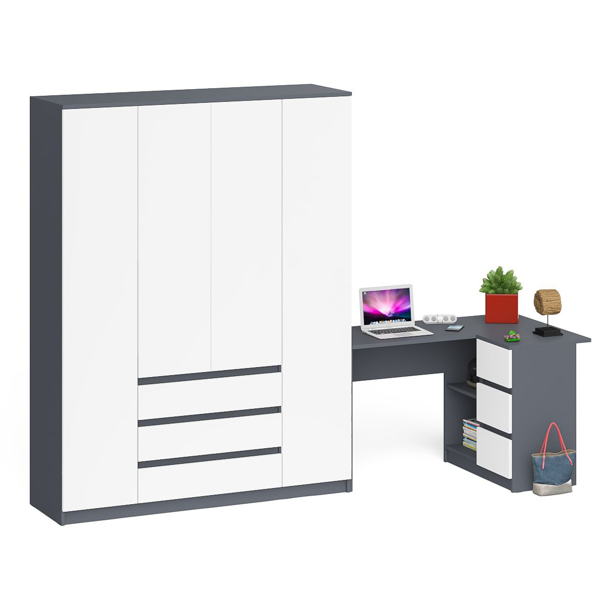 

Стол угловой СВК Мори МС16 с тумбой справа и шкаф 1600 графит/белый, 284,8х85х210 см, МС-16П+МШ1600.1-ГБ