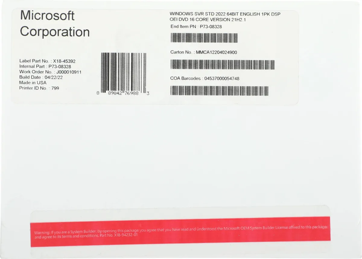 Офисная программа Microsoft Windows Svr Std 2022 64Bit Eng (P73-08328)