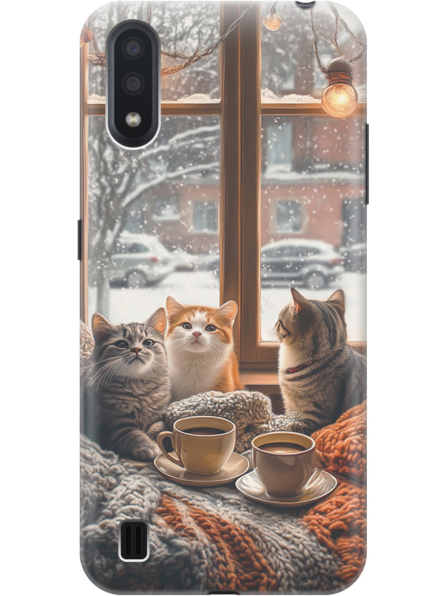 

Силиконовый чехол на Samsung Galaxy A01 с принтом "Котики на подоконнике", Прозрачный;бежевый;белый;желтый;серый, 722444412