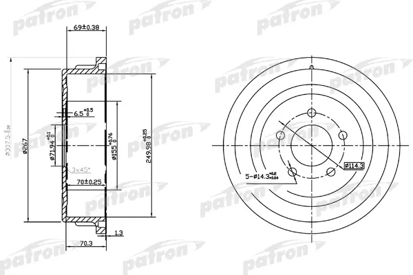 Барабан тормозной задн CHRYSLER: VOYAGER II 95-01, PLYMOUTH: VOYAGER 95-01 PATRON PDR1482