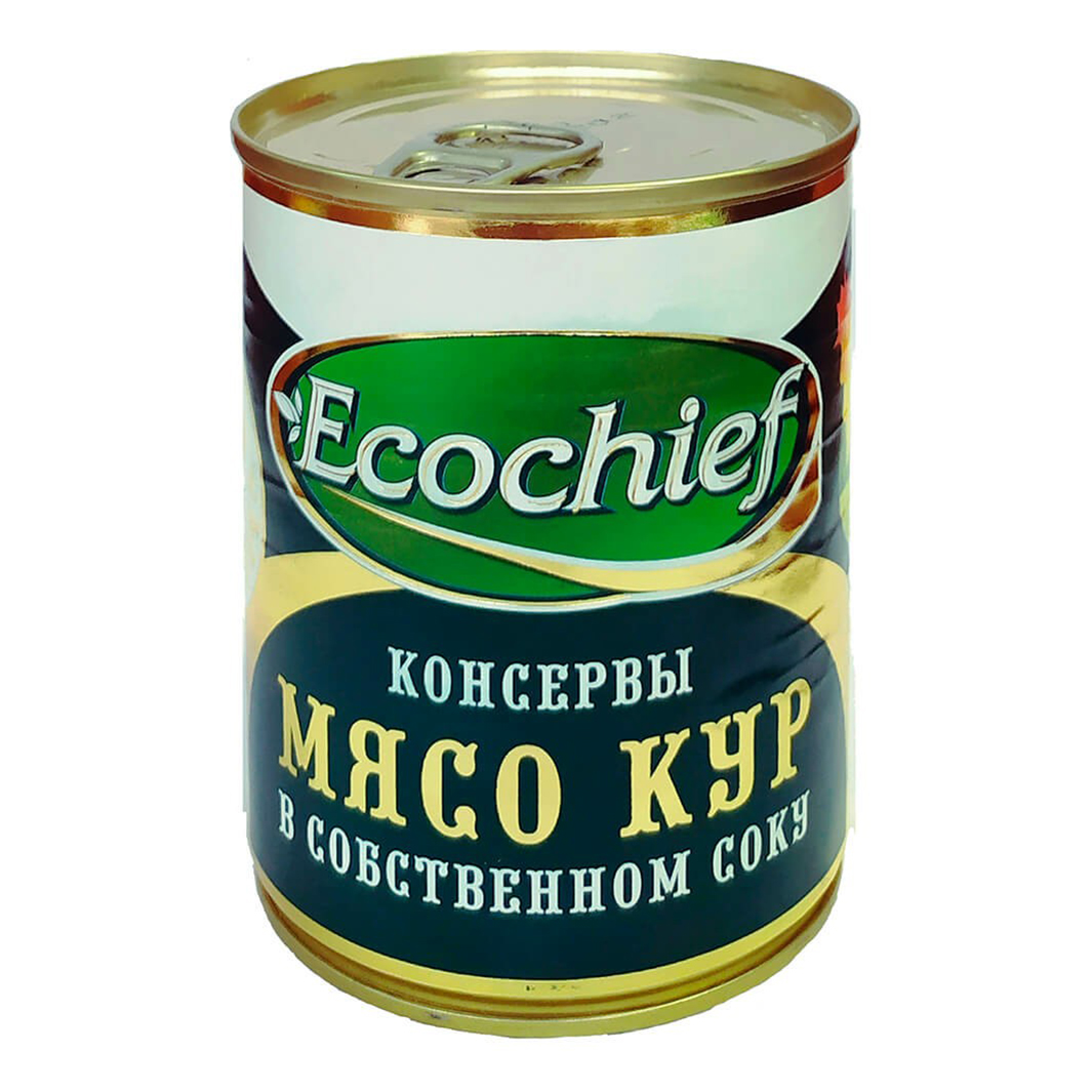 

Мясо кур тушеное Ecochief ГОСТ в собственном соку 350 г, ГОСТ