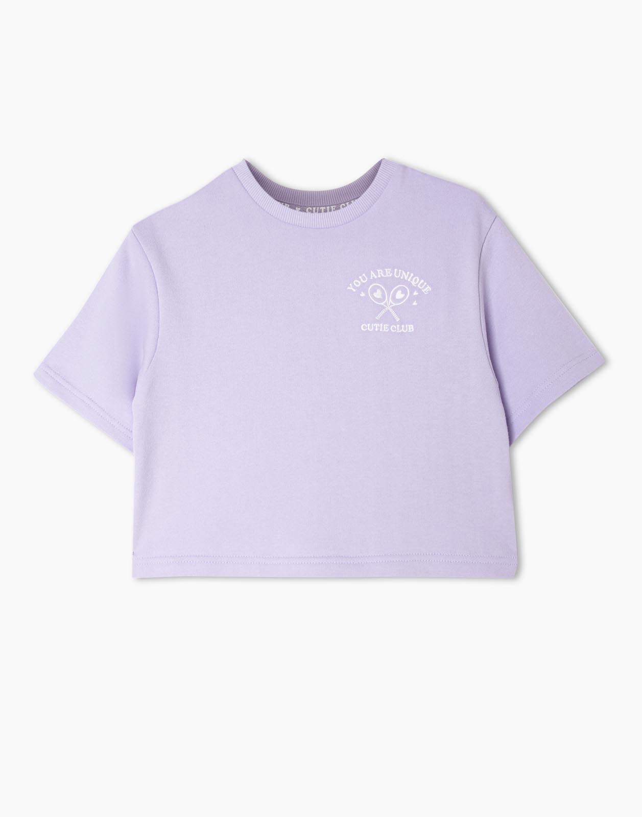 

Сиреневая укороченная футболка с надписями для девочки 5-6л/116, Фиолетовый, GAC020250