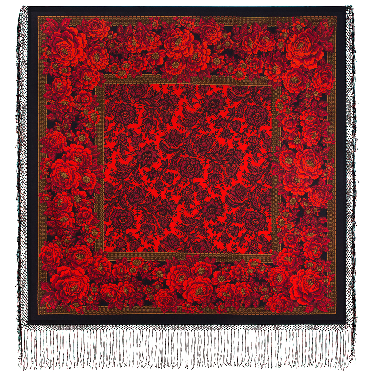 Платок женский Павловопосадский платок 1977 черный/красный, 148х148 см
