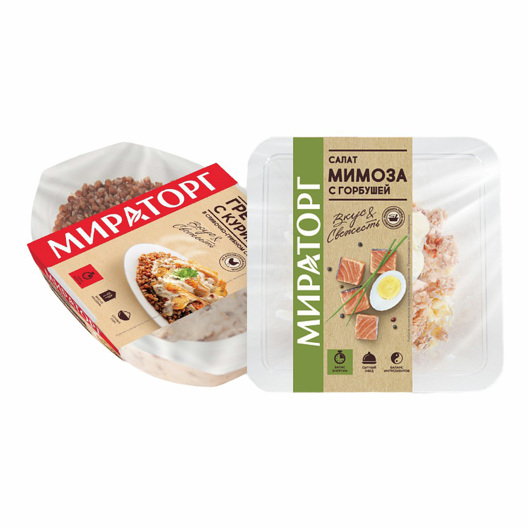 Комбо-набор Мираторг салат Мимоза с горбушей и гречка с курицей и грибами в соусе 450 г