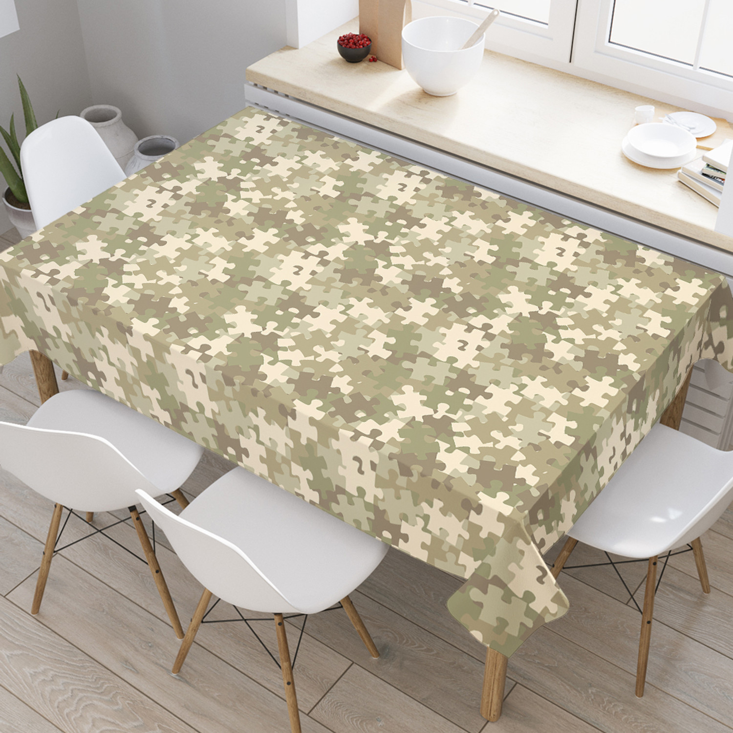 

Прямоугольная водоотталкивающая скатерть JoyArty 120х145 tcox_422848_120x145, Бежевый, Пазлы камуфляж