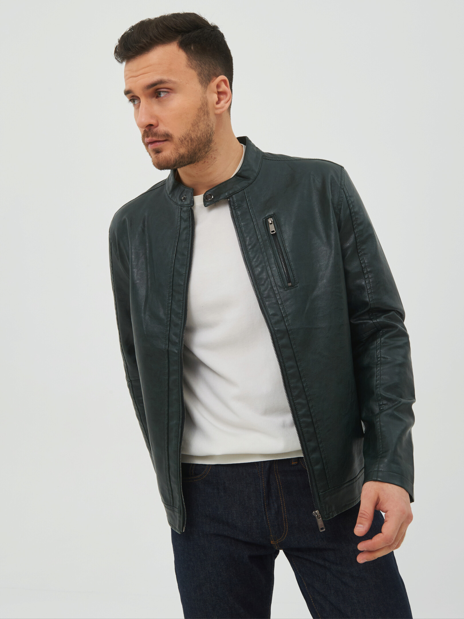 Кожаная куртка мужская КАЛЯЕВ 69760 зеленая 54 RU