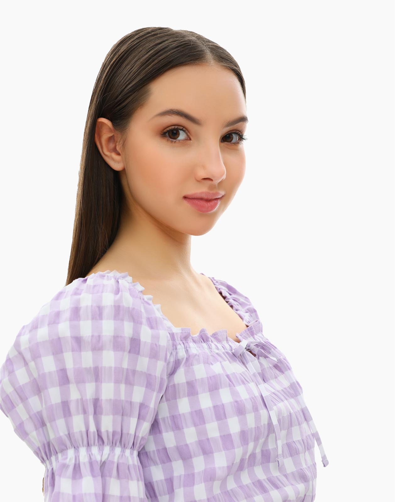 Сиреневая укороченная блузка в клетку для девочки 14+/164