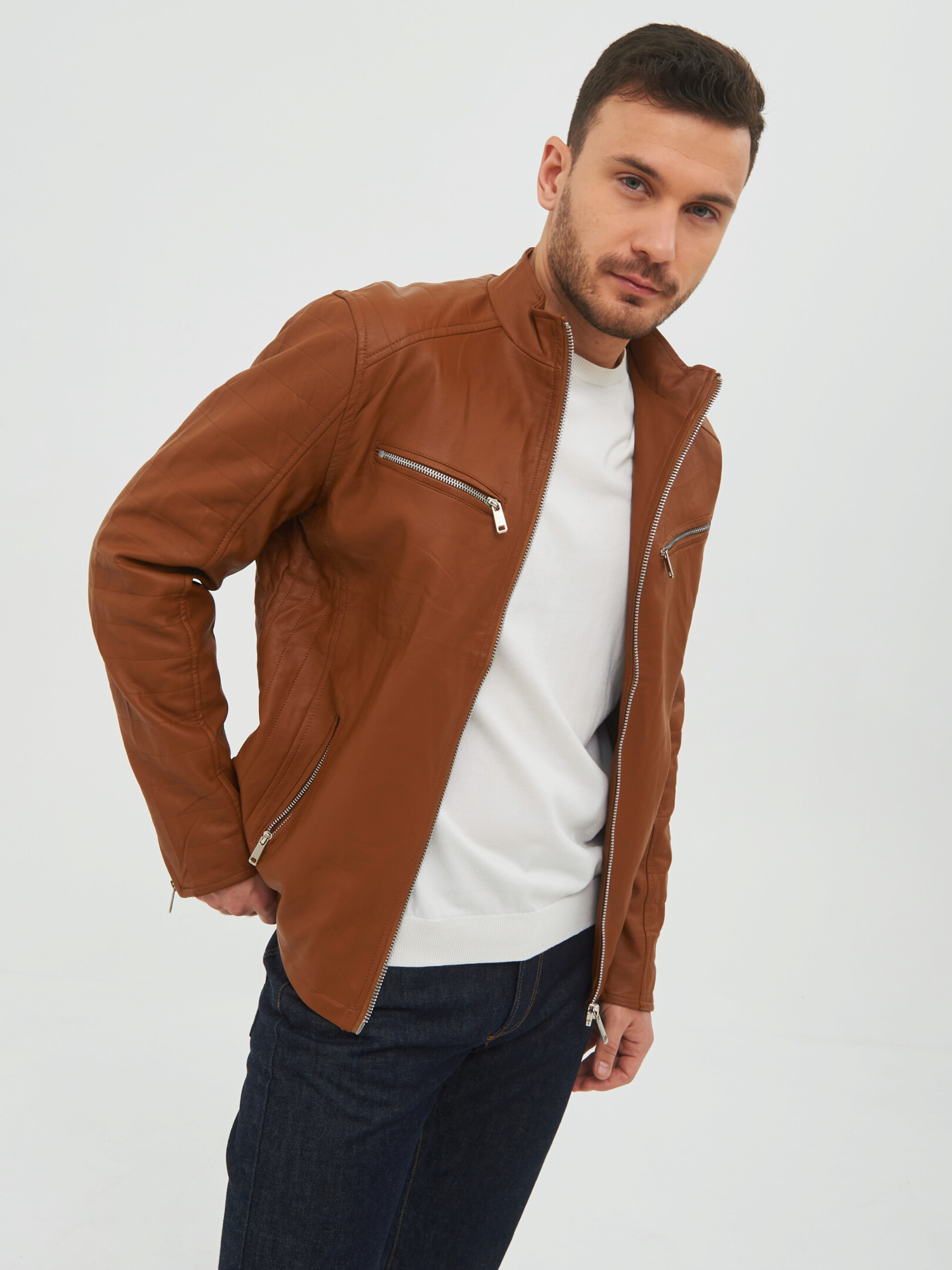 Кожаная куртка мужская КАЛЯЕВ 69758 коричневая 50 RU