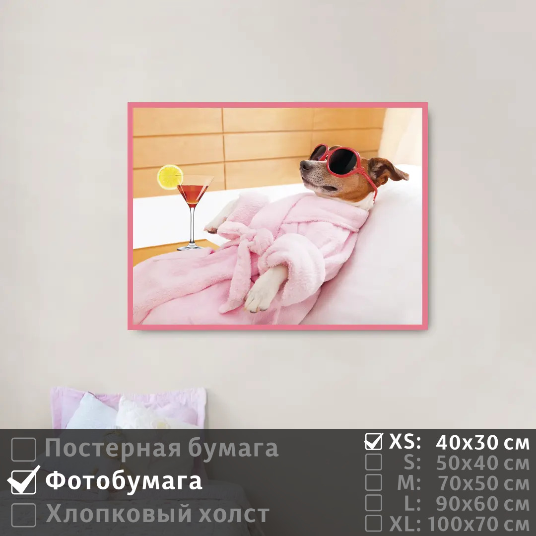 

Постер на фотобумаге ПолиЦентр Собака в розовом на отдыхе в спа 40х30 см, СобакаВРозовомНаОтдыхеВСпа
