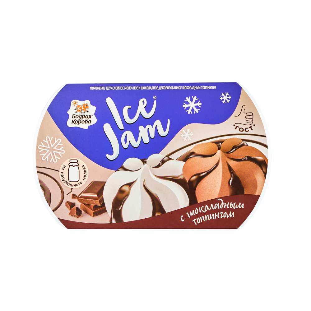 

Мороженое Бодрая Корова Ice Jam двухслойное молочное и шоколадное с топпингом 8,5% БЗМЖ
