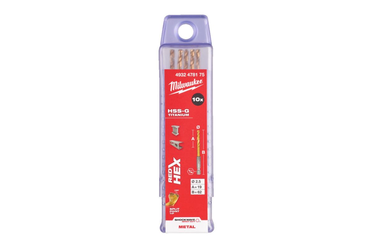 

Сверло по металлу Milwaukee RedHEX HSS-G TiN. 2.5мм (10шт) Milwaukee