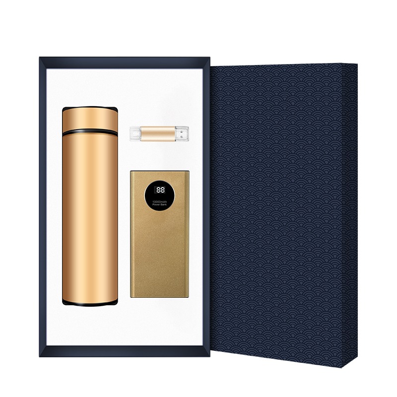 Подарочный бизнес набор Миросмарт: термос, powerbank, флеш-накопитель USB, золотой