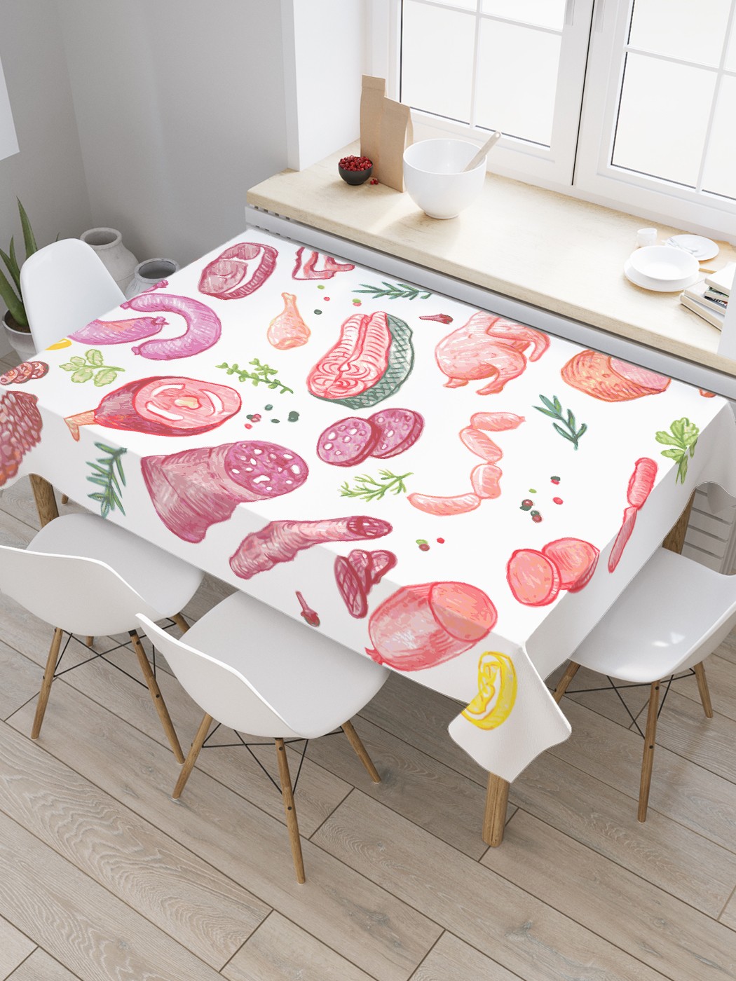 

Скатерть прямоугольная JoyArty "Мясная продукция" из оксфорда, 120x145 см, Белый, Мясная продукция