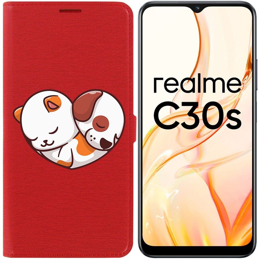 

Чехол-книжка Eco Book для Realme C30s Котёнок и Щенок, Красный