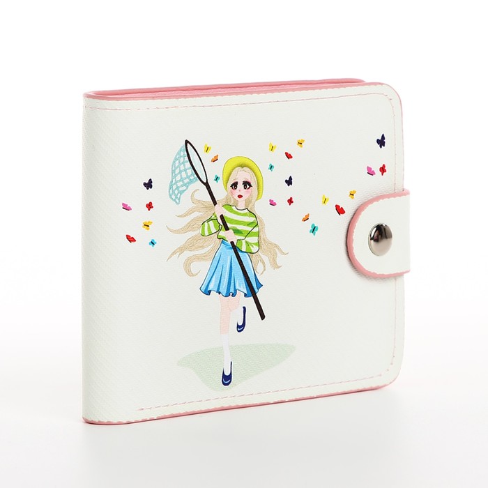 Кошелёк детский Девочка с сачком на кнопке 9750655, белый кошелек детский на кнопке сиреневый