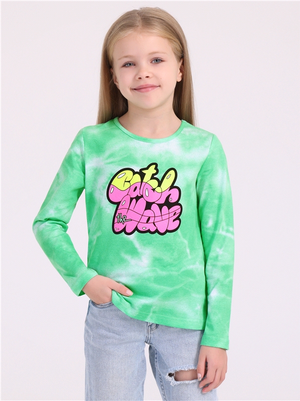 Лонгслив детский Апрель 329дев001нД2, тай-дай на салатовом Лови волну неон, 122