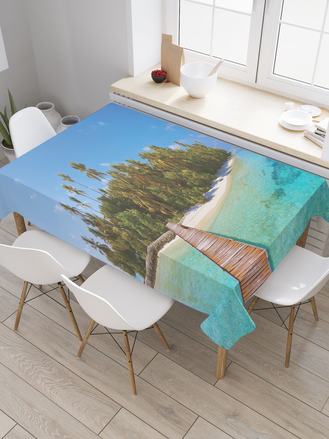 

Скатерть прямоугольная JoyArty "Мостик к острову" из оксфорда, 120x145 см, Голубой, Мостик к острову