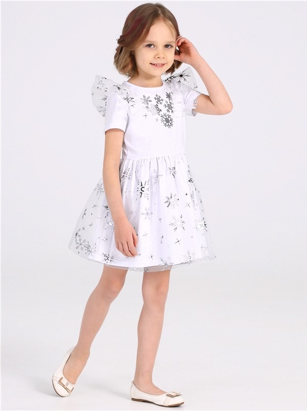 Платье детское Апрель 157дев804сД1, снежинки серебряная фольга на белом Снежинки, 116