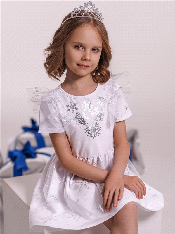 Платье детское Апрель 157дев804сД1, белый+снежинки серебряная фольга на белом Снежинки, 98