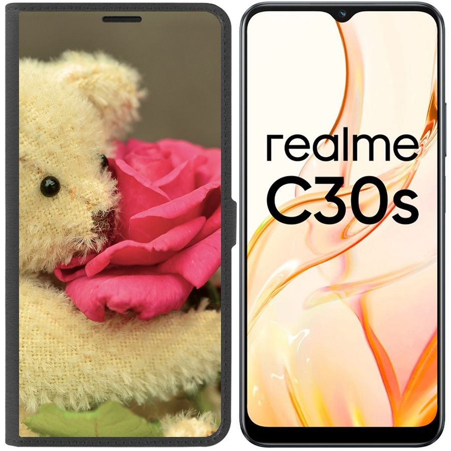 

Чехол-книжка Eco Book для Realme C30s Медвежонок с розой, Черный