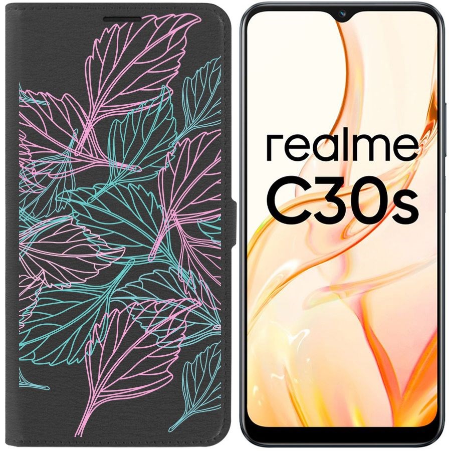 

Чехол-книжка Eco Book для Realme C30s Листья паттерн, Черный