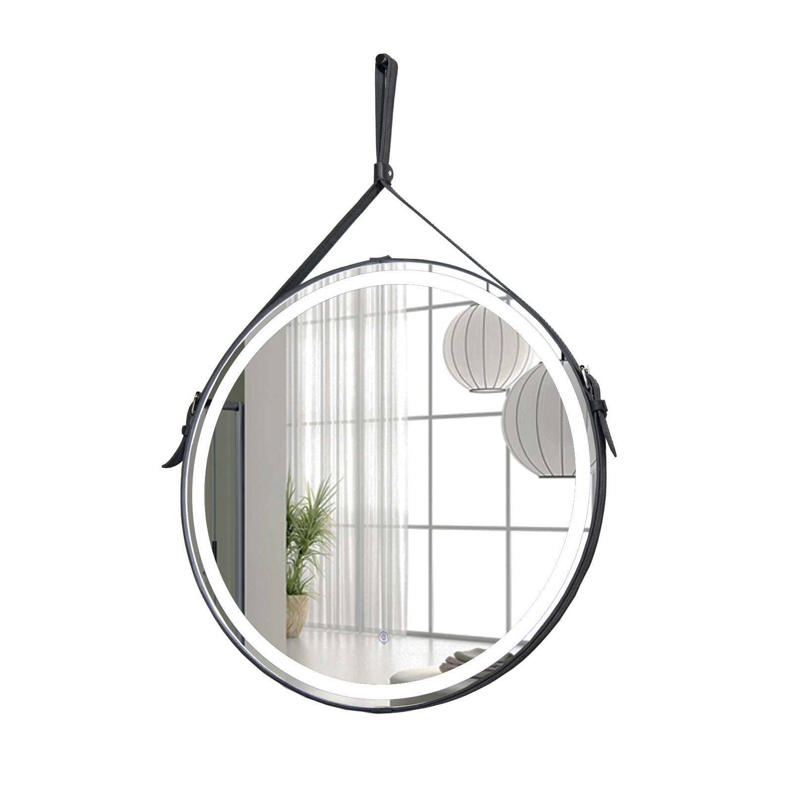 Зеркало La Tezza с LED подсветкой, сенсор, диммер, круглое, ремень кожа чёрный, 800х800