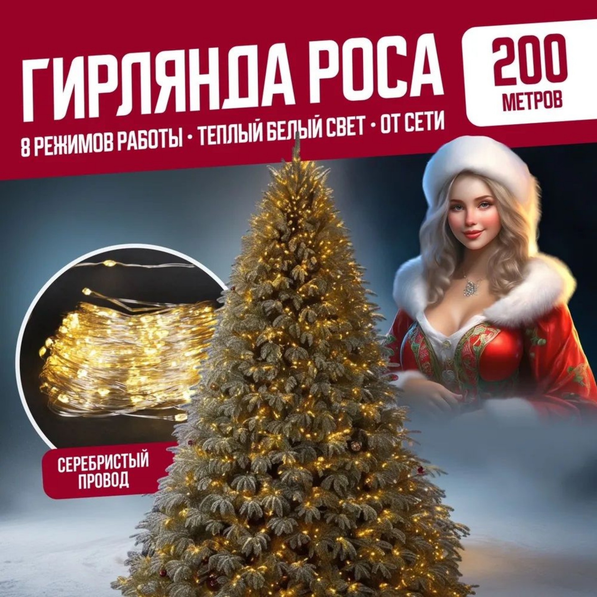 

Гирлянда светодиодная Торговая Федерация Роса Провод Серебро, 200 м, теплый белый, Роса Провод Серебро