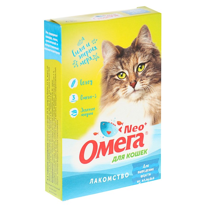 Лакомство для кошек Омега Nео+ Для выведения шерсти из желудка с ржаным солодом 90 таб