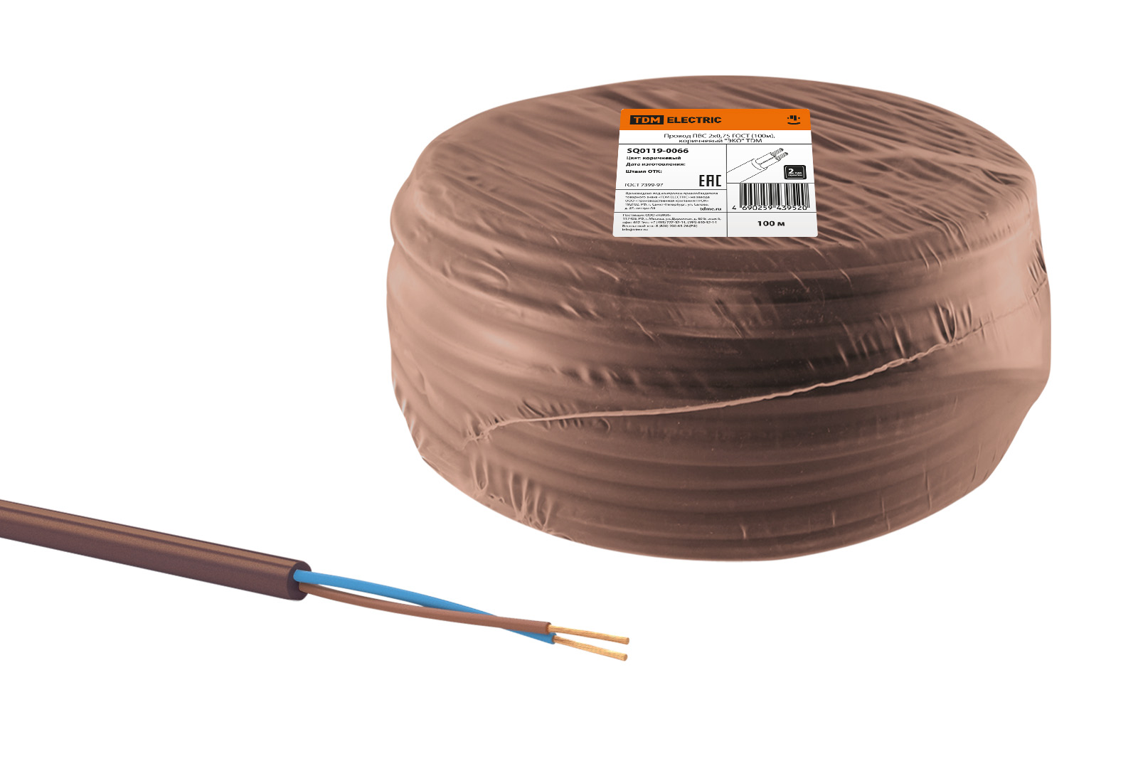 Провод TDM ELECTRIC ПВС 2х0,75 ГОСТ (100м), коричневый 