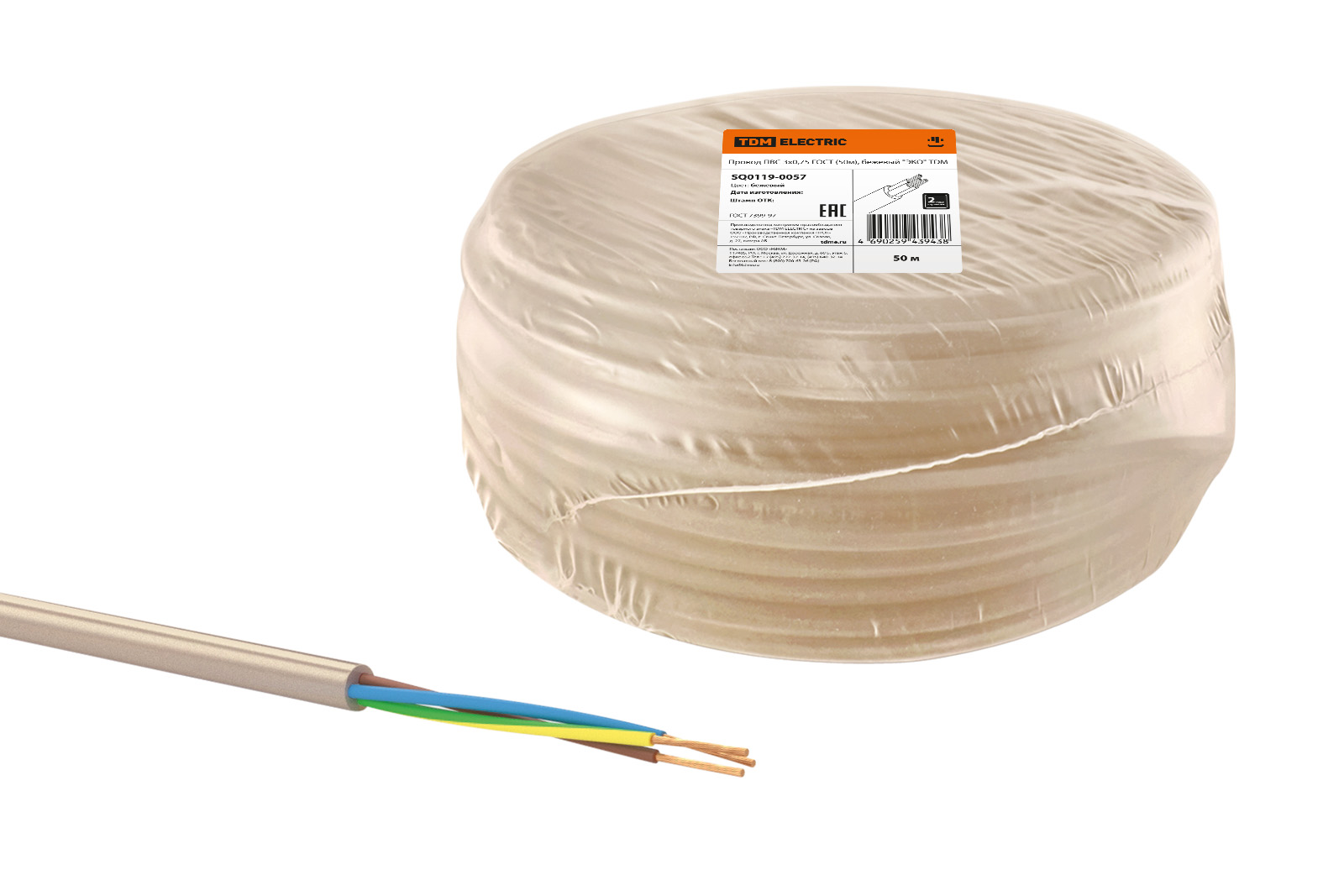 фото Провод tdm electric пвс 3х0,75 гост (50м), бежевый "эко" sq0119-0057
